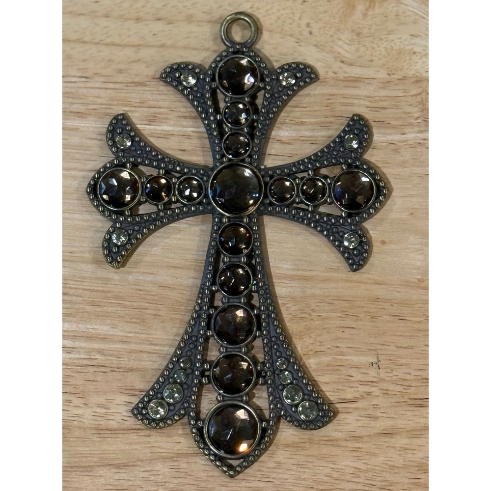 Large Gothic Bronze Cross Pendant Wall Hanging Amber Smoky Brown Crystals